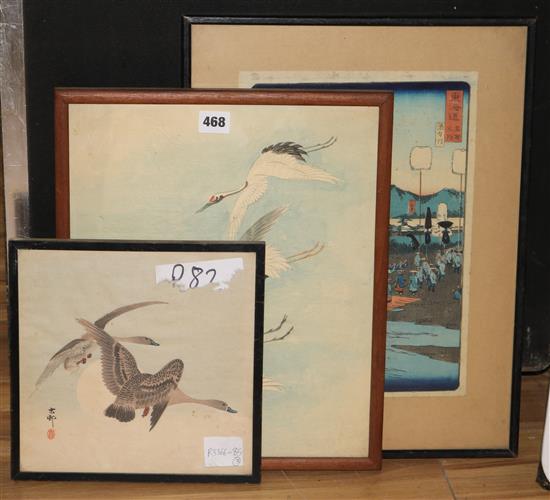 Three Japanese woodblock prints, two by Kozan and another, largest 14 x 9.5in.